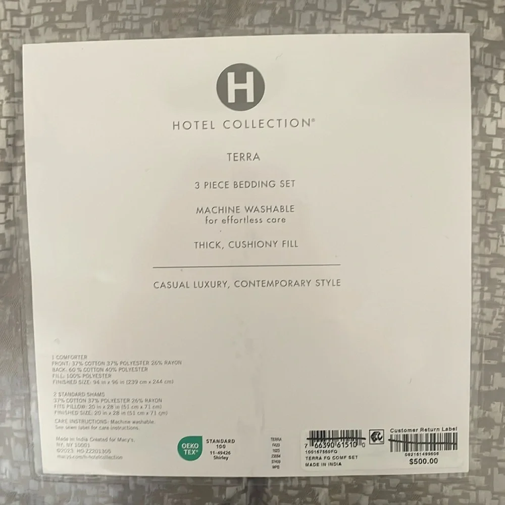 Macy HOTEL COLLECTION TERRA COMFORTER + 2 STANDARD SHAMS 3 PIECE SET